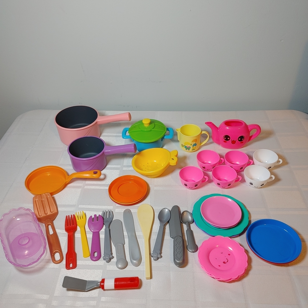 (3/$20) Kids Dish Set - Teapot, Cups, Cooking Pots, Utensils, Plates, 40 Pieces